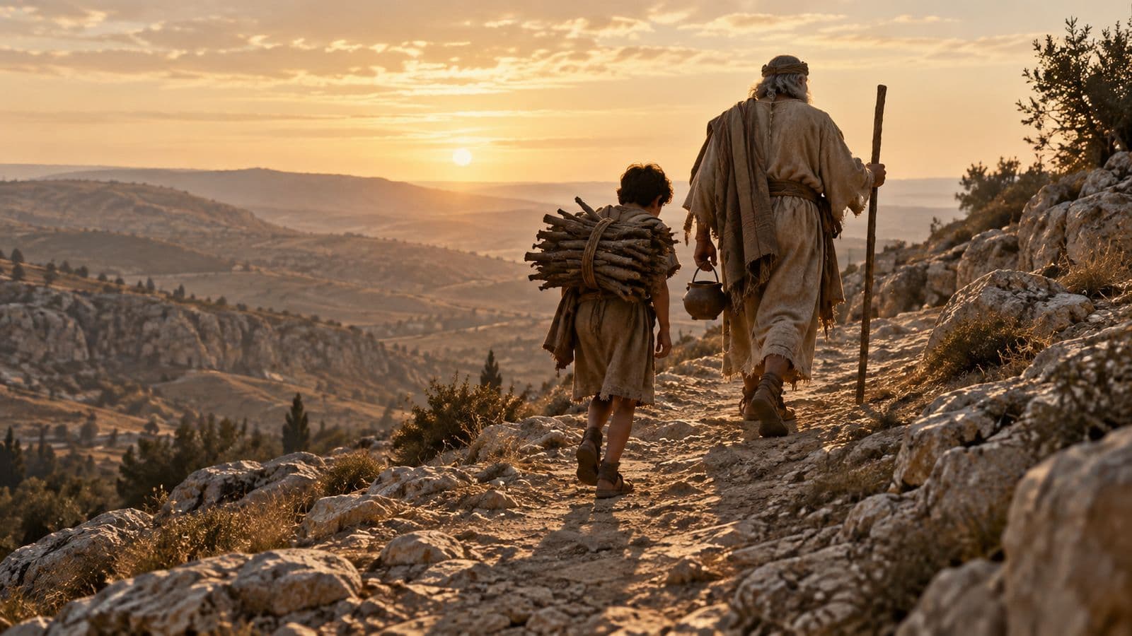 Un anciano y un niño suben de espaldas por un sendero rocoso al amanecer; el niño carga leña