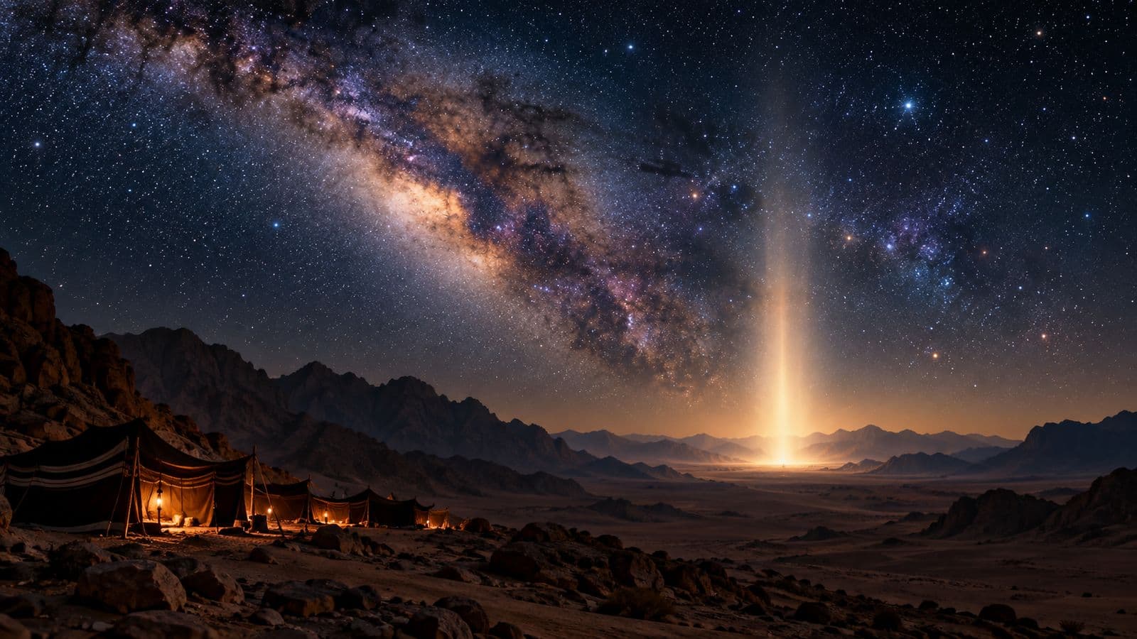 Cielo nocturno sobre el desierto del Sinaí, con la Vía Láctea y una columna de luz lejana sobre las tiendas