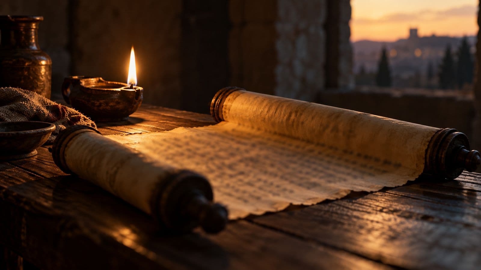 Un rollo antiguo de Isaías desenrollado a medias sobre una mesa de madera oscura, iluminado por una lámpara de aceite