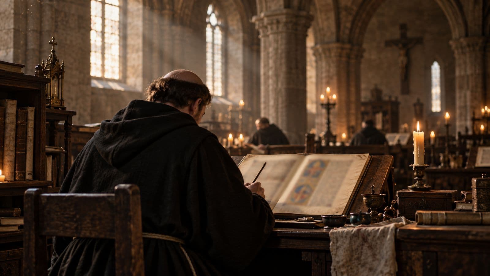 Un clérigo de espaldas, sentado ante un gran manuscrito en un escritorio inclinado, en un scriptorium medieval iluminado por velas