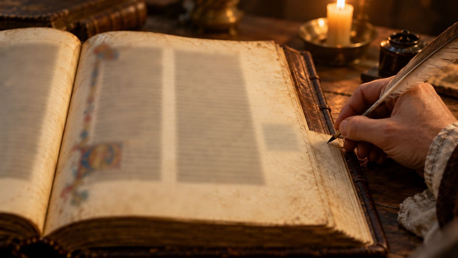 La mano de un copista escribe una pequeña nota al margen de un manuscrito a la luz de una vela