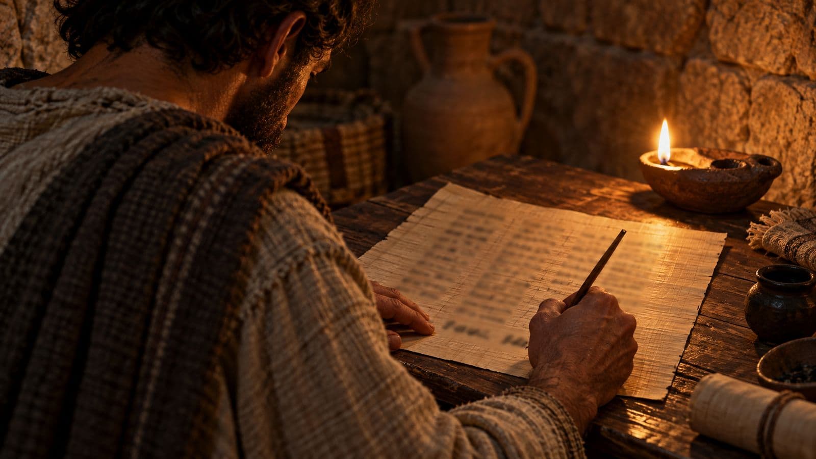 Un hombre del siglo I, visto de espaldas, escribe con letras grandes sobre papiro a la luz de una lámpara