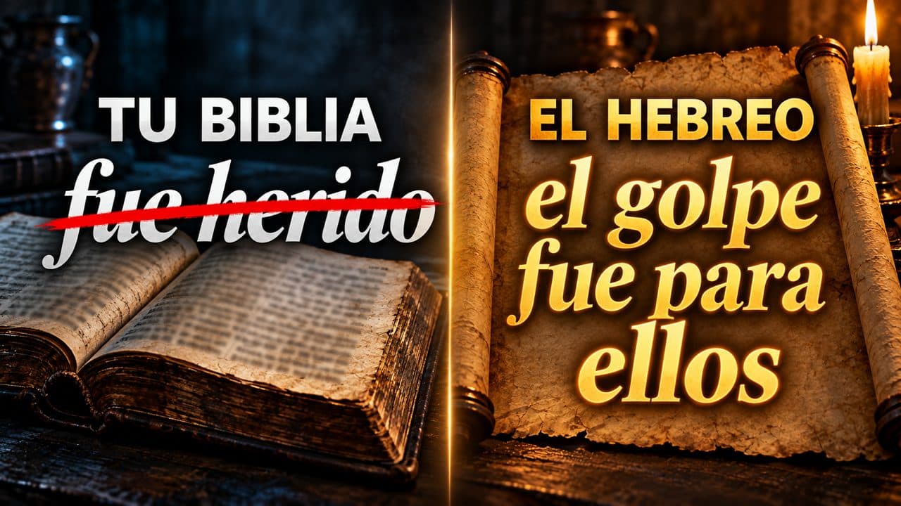 Dos columnas sobre un fondo oscuro: «TU BIBLIA: fue herido», tachado en rojo, frente a «EL HEBREO: el golpe fue para ellos», en letras doradas.